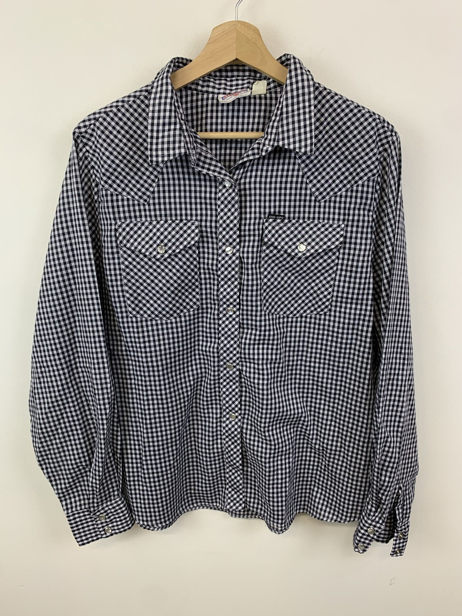Vintage 1990s Stir Ups Black White Check Pearl Snap Western Rodeo Shirt Size XL (44)