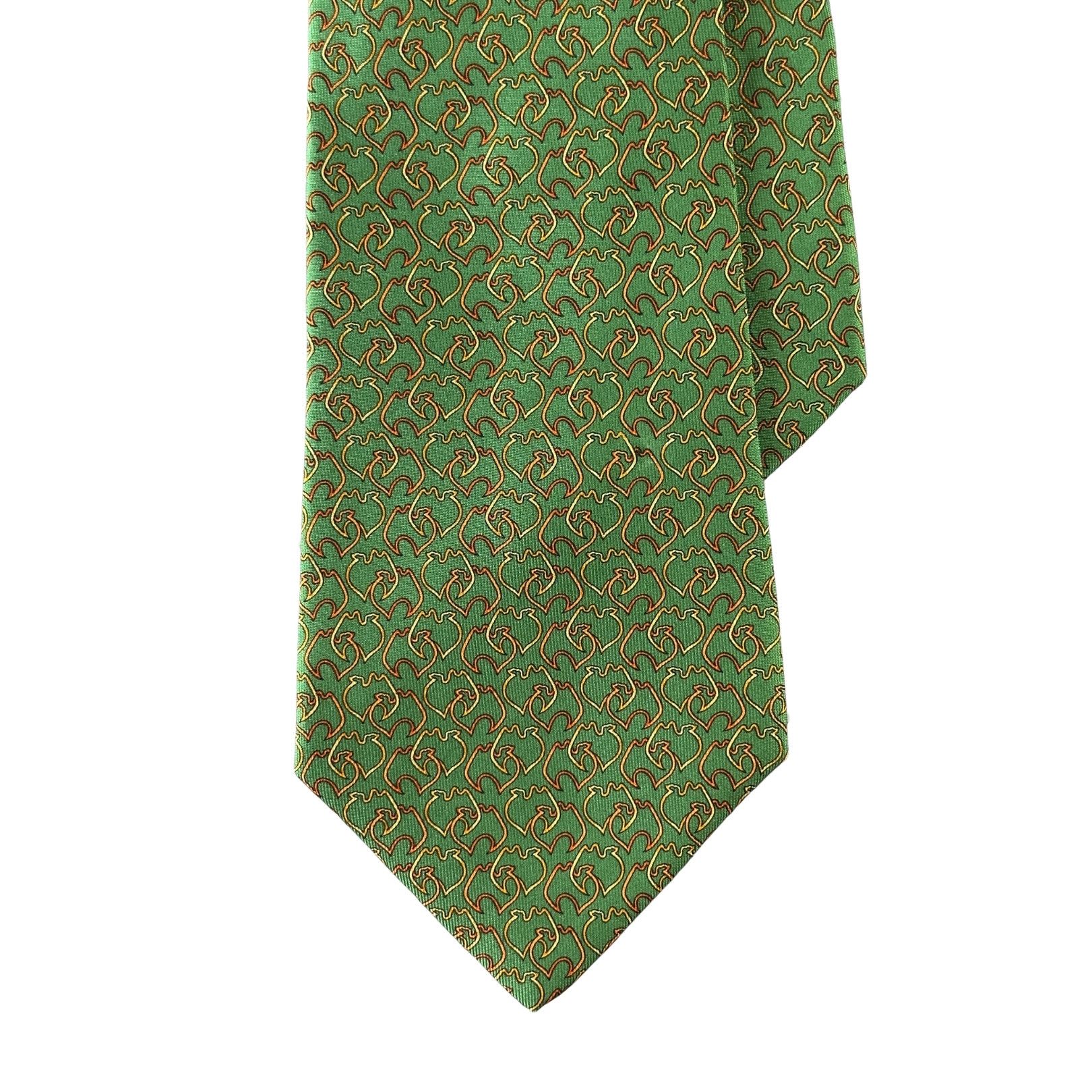 Salvatore Ferragamo Tie Silk Green with Gold Geometric Pattern Size ONE SIZE - 1 Thumbnail