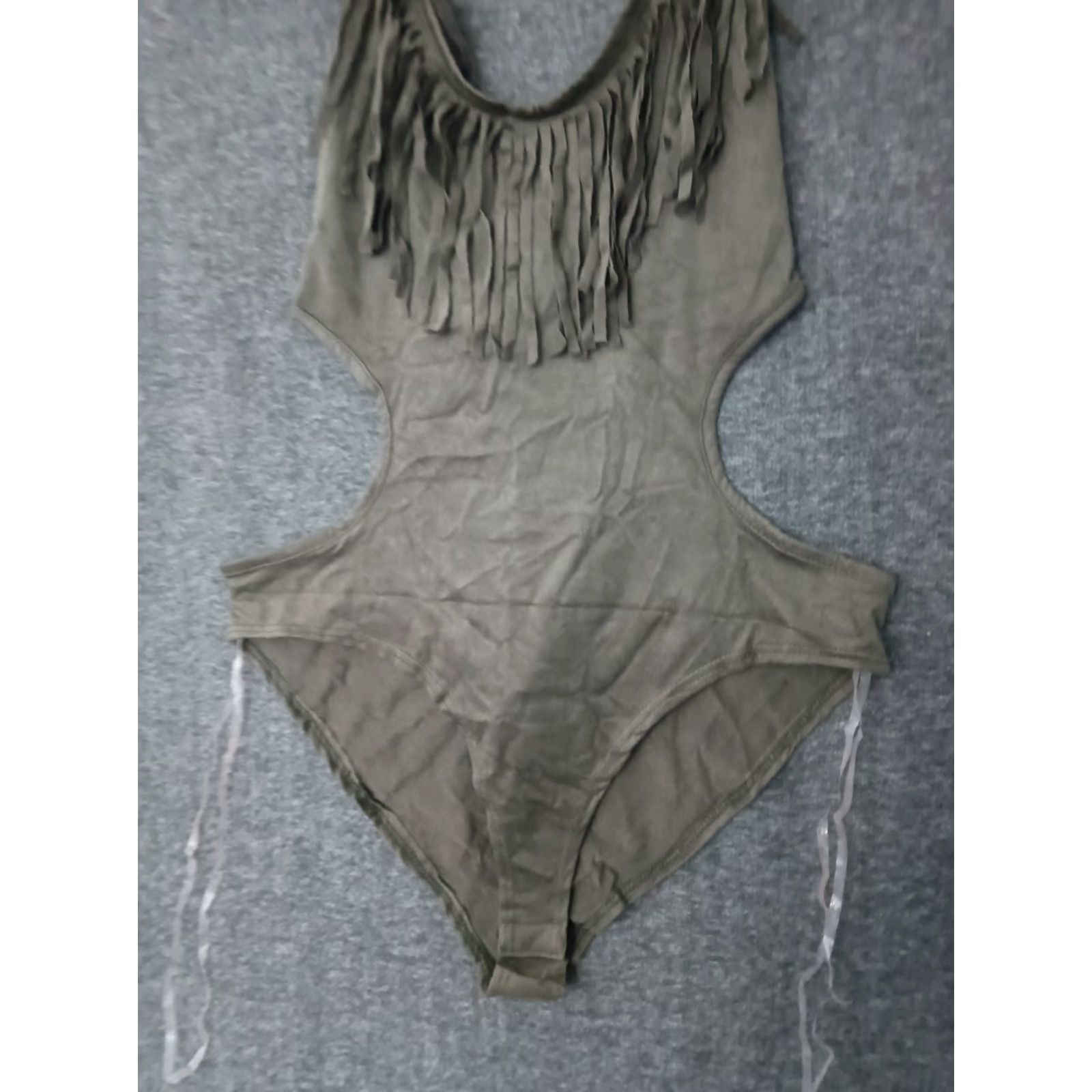 Olive Codigo Fringe Bodysuit Women's Olive Gray L Fringe Color Solid One Piece Adjustable Strap Wireless Polyester Spandex Colorful 90s Womens Size L / US 10 / IT 46 - 7 Thumbnail