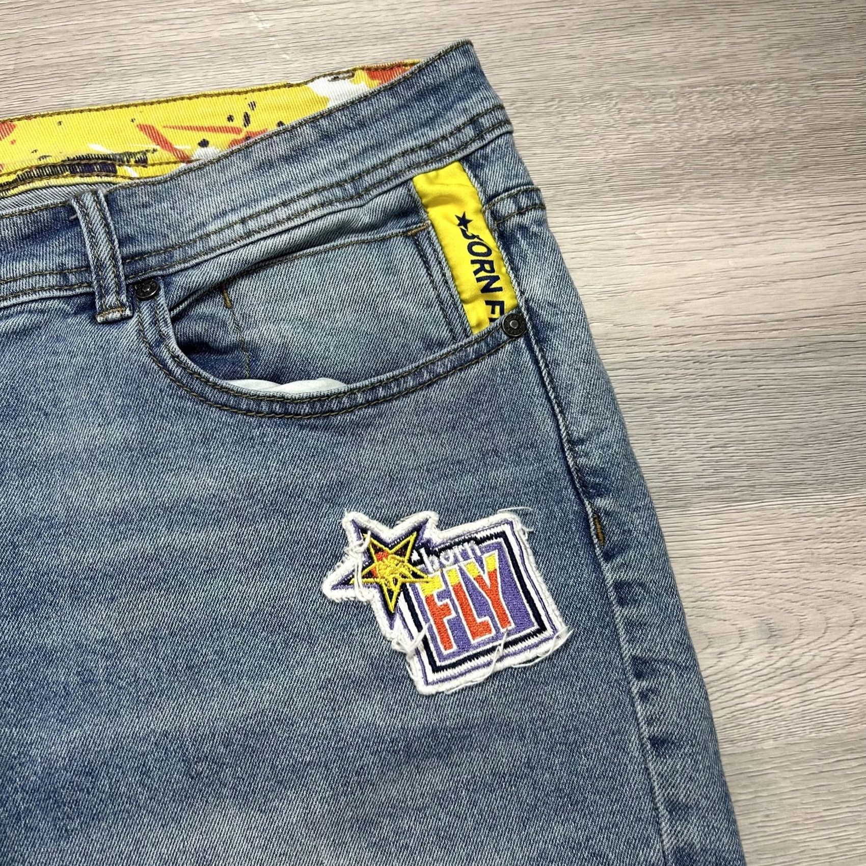 Born Born Fly Jeans Mens 42x34 Blue Distressed Stretch Straight Denim Light Wash Jeans Size US 42 / EU 58 - 3 Thumbnail