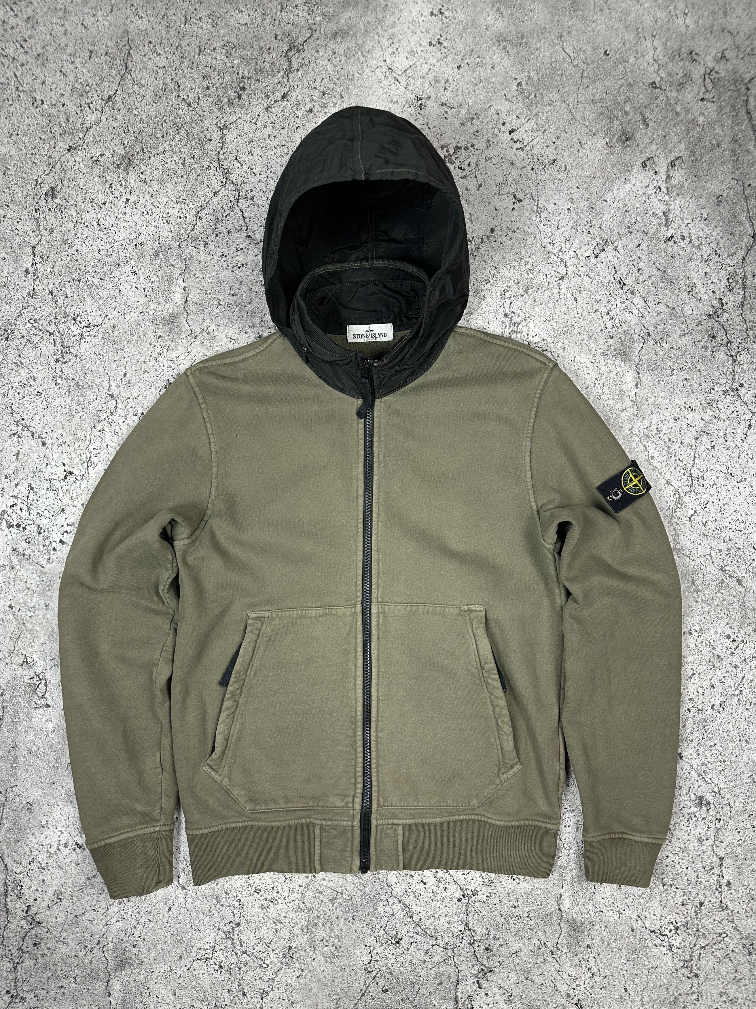 Image of Stone Island Junior Zip Hoodie Nylon Metal Hood in Khaki, Men's (Size Small)