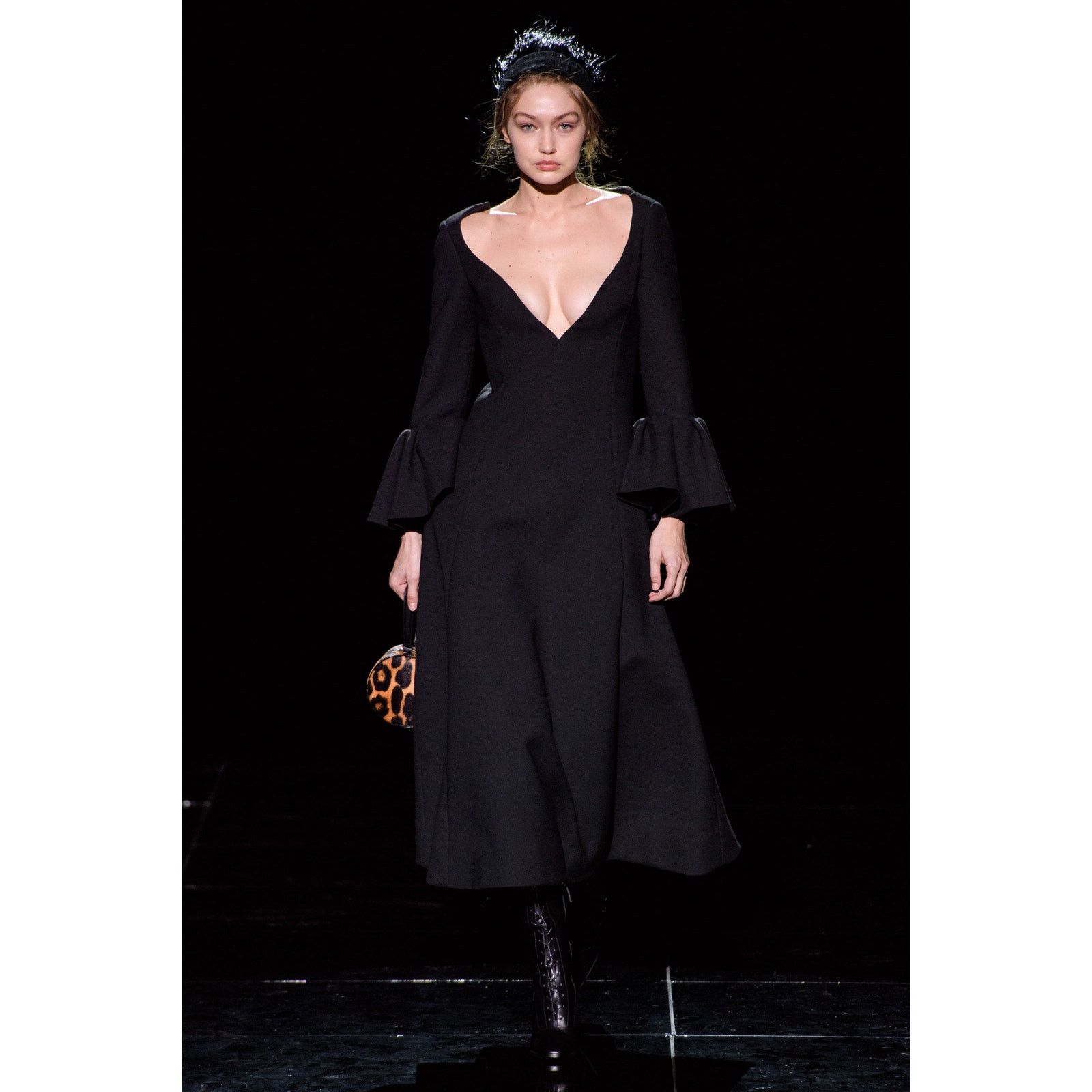 Marc Jacobs Fall 2019 Black Wool Blend Deep V-Neck Ruffle Sleeve Dress Size XS / US 0-2 / IT 36-38 - 2 Thumbnail