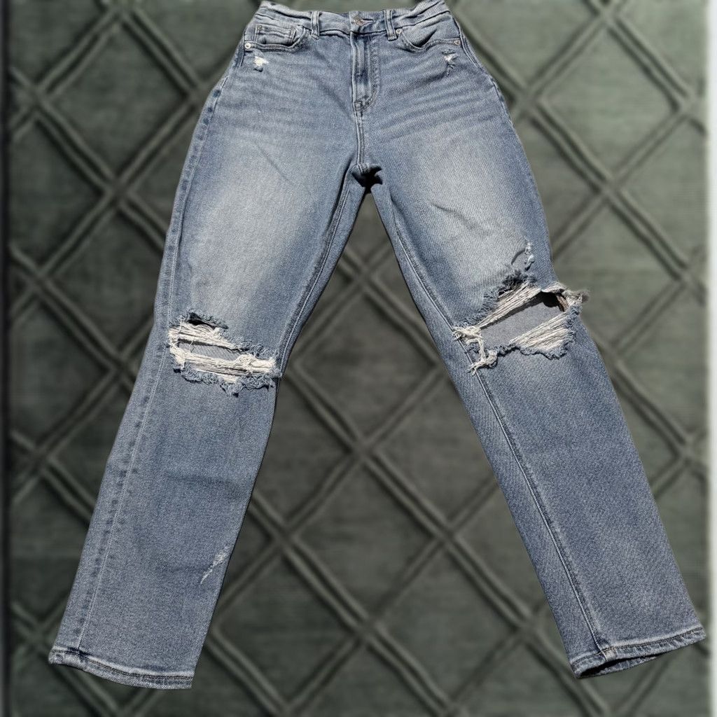 American Eagle Outfitters American Eagle Jeans Women's Blue Distressed Stretch Straight 0 5-Pocket Denim 24in Inseam High Rise 26in - 90s Theme Mens Womens Girls Size 25" / US 0 / IT 36 - 1 Thumbnail