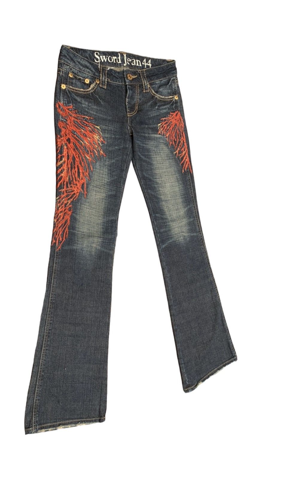 Japanese Brand Rare Sword Jean 44 Peace Embroidered Flare Denim Pants Size US 29 - 2 Thumbnail