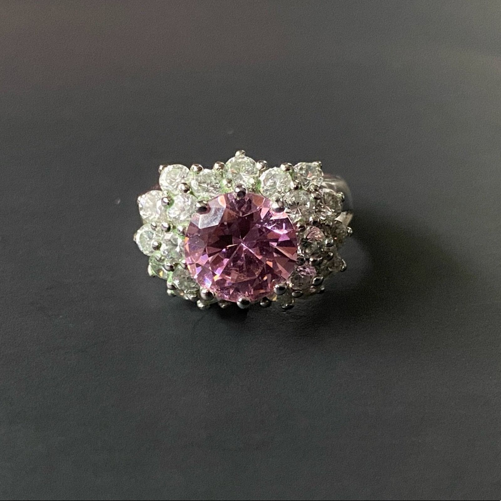 Vintage Costume Pink Rose Quartz And CZ Stone Ring Size ONE SIZE - 12 Thumbnail