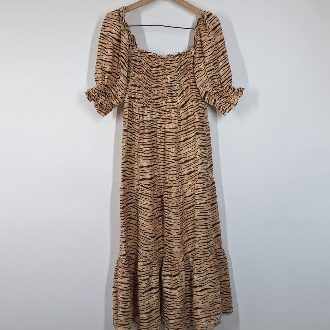 image of Faithfull The Brand Le Galet Wyldie Animal Print Midi Dress in Tan, Women's (Size Small)