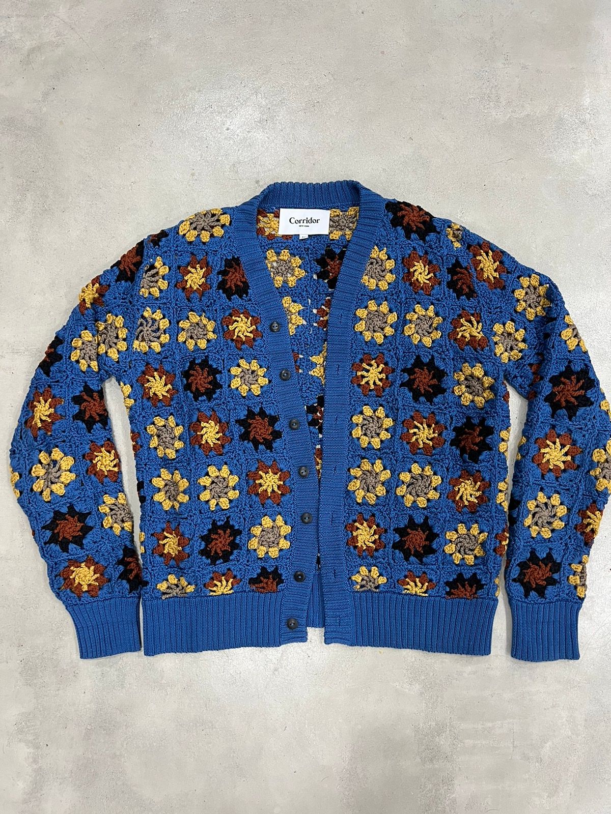 Pre-owned Corridor Hand Crochet Pima Cardigan - Indigo In Blue