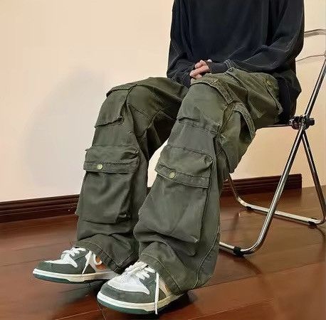 Japanese Brand Olive Green Baggy Cargo Pants - Y2K Skate Streetwear Size US 31 - 2 Thumbnail
