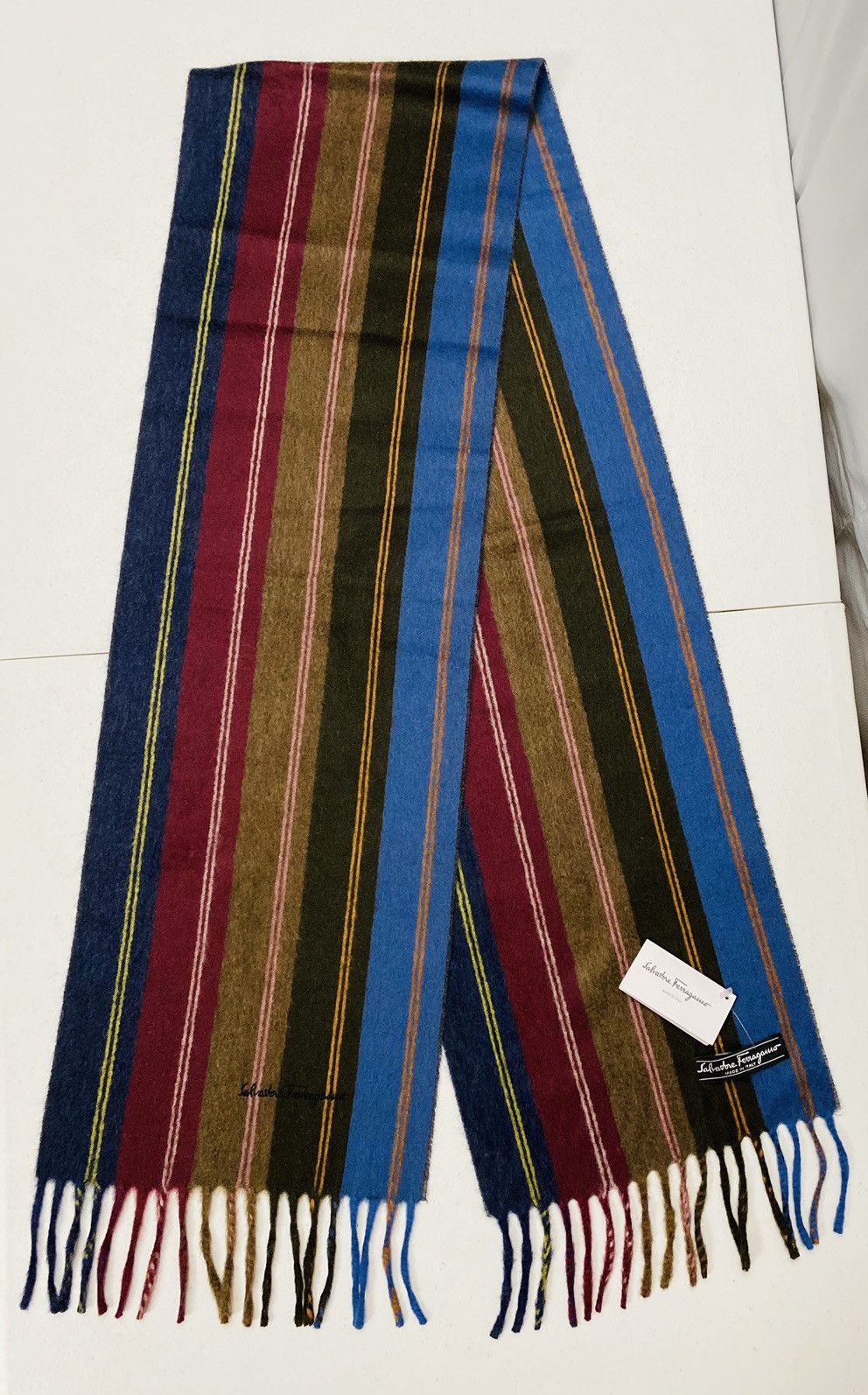 Salvatore Ferragamo Ferragamo Multi-Color Stripe Cashmere Fringe Scarf Unisex NW Size ONE SIZE - 10 Thumbnail