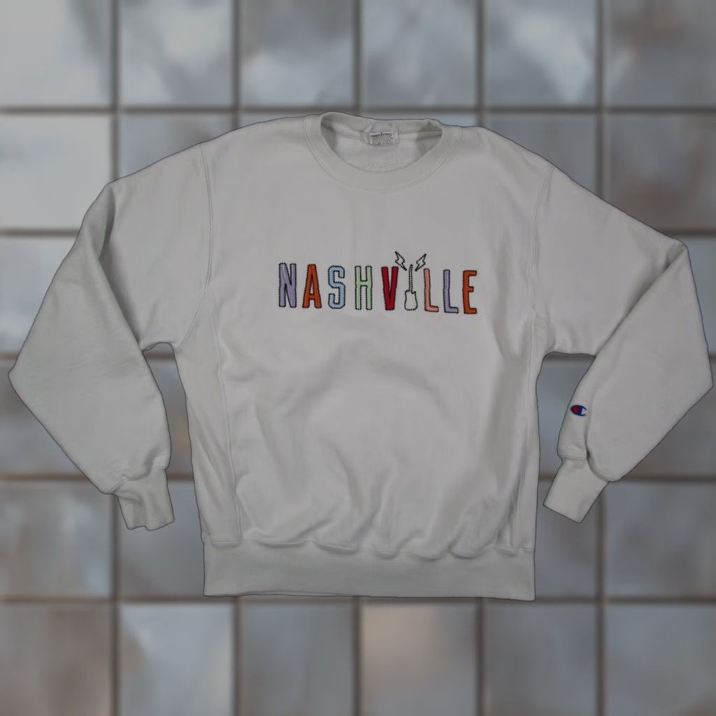 Champion Champion Reverse Weave Sweatshirt Mens M White Nashville Embroidered Guitar Graphic Print Heavyweight Crewneck Size US M / EU 48-50 / 2 - 1 Thumbnail