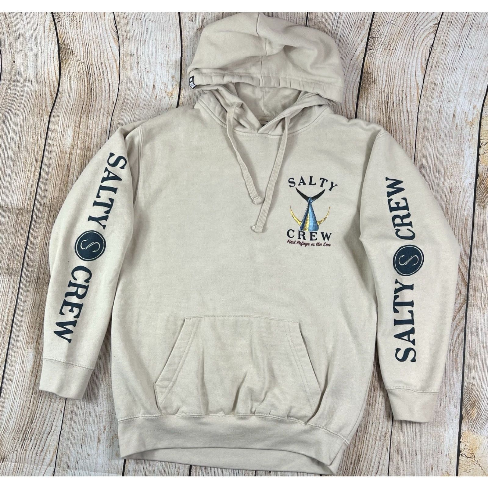 Vintage Salty Crew Hoodie Small Tan Beige Pullover Fleece Hooded Graphic Print Pockets Logo Mens Size US S / EU 44-46 / 1 - 2 Thumbnail