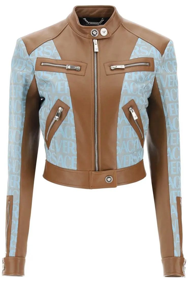 image of Versace O1S22I1N0324 Biker Jacket In Brown/light Blue, Women's (Size Medium)