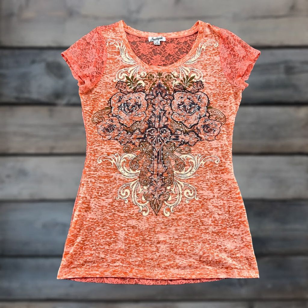 Southpole VINTAGE Southpole Shirt Womens M Orange Lace Trim Rhinestone Floral Bling Y2K Size M / US 6-8 / IT 42-44 - 1 Thumbnail