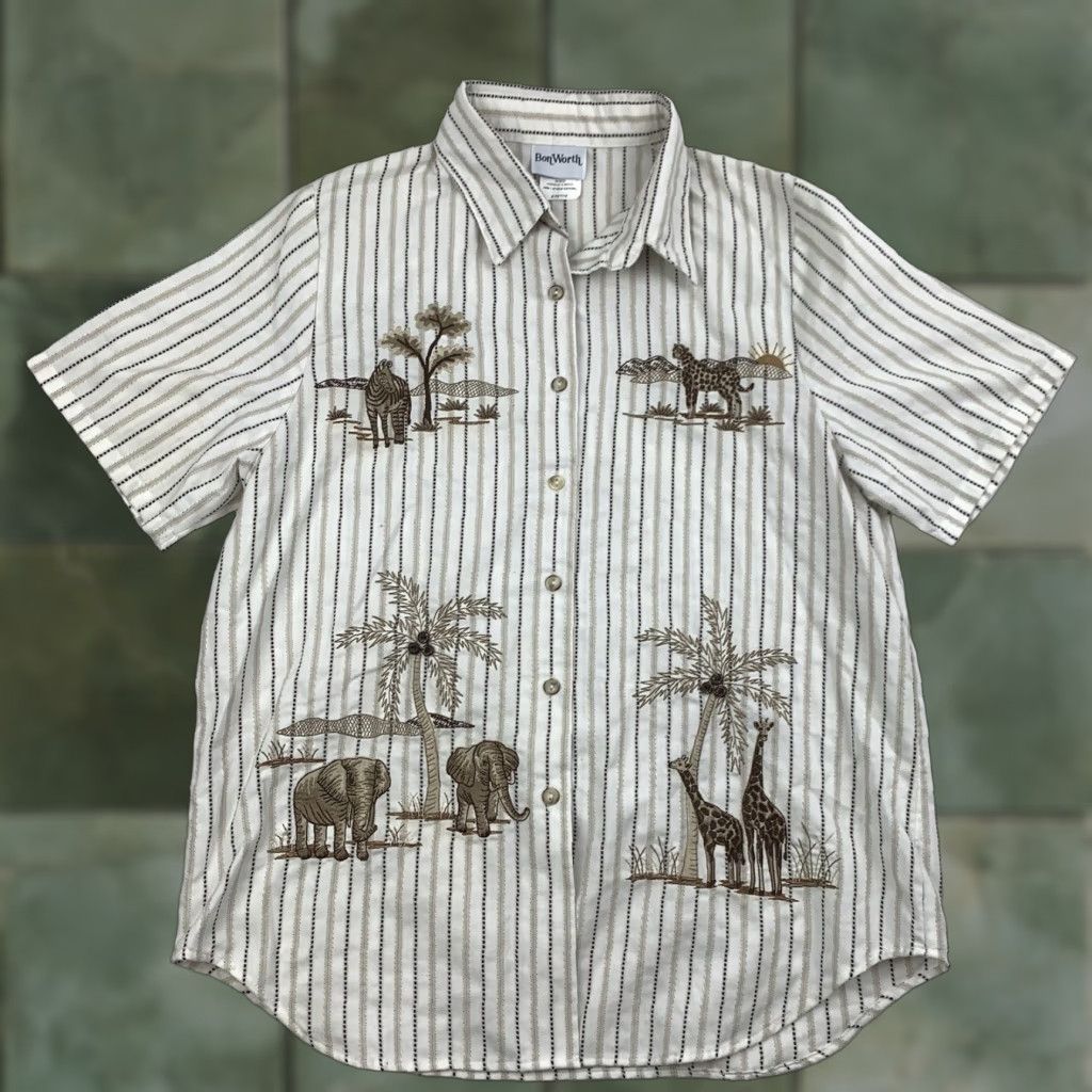 Vintage BonWorth African Button Up Shirt Womens Petite Small White Embroidery Animals Size S / US 4 / IT 40 - 1 Thumbnail
