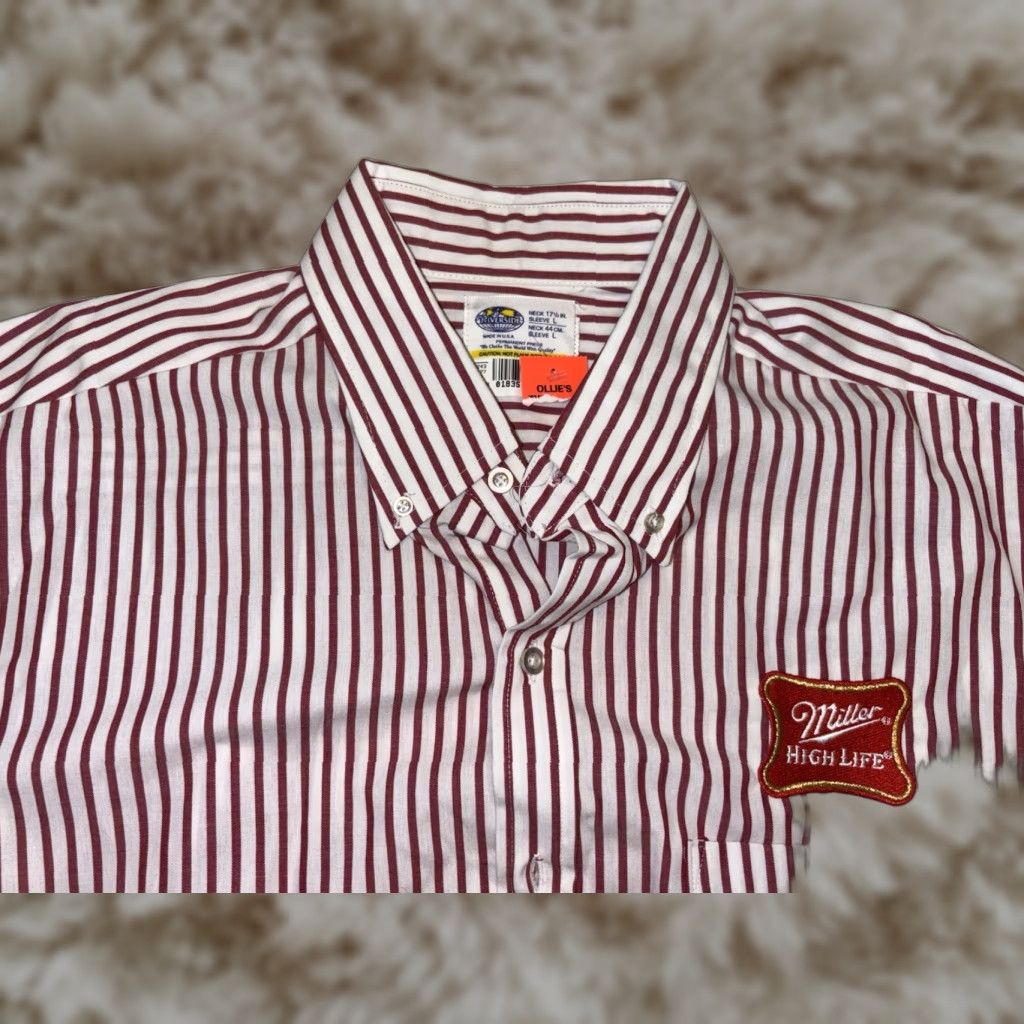 VINTAGE Riverside Miller High Life Beer Embroidered Patch Work Shirt L White 80s Mens