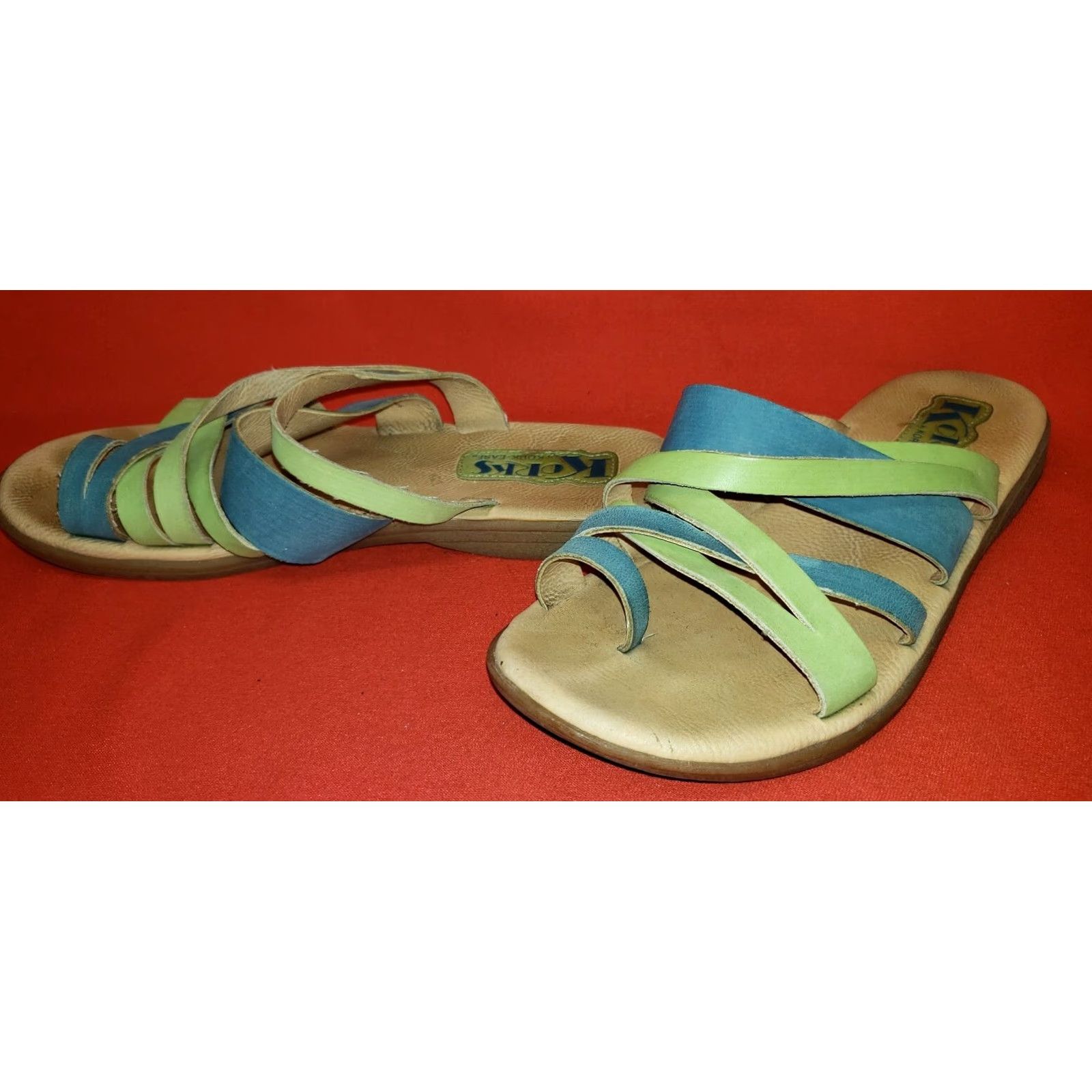 Vintage Korks Women's Strappy Slide Toe Ring Sandals Size 7M Green & Blue Leather Cushioned Insole Casual Shoes Womens Size US 7 / IT 37 - 4 Thumbnail