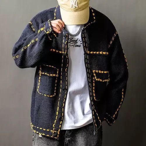 VIBE Contrast Stitch Knitted Sweater Jacket - Patch Pockets Size US M / EU 48-50 / 2 - 1 Thumbnail