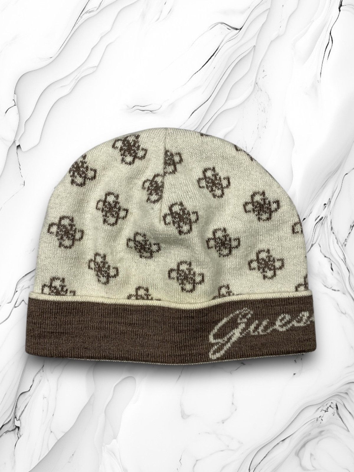 Guess GUESS 4G Logo Print Beanie Hat Brown Cream Monogram Knit Size ONE SIZE - 1 Thumbnail