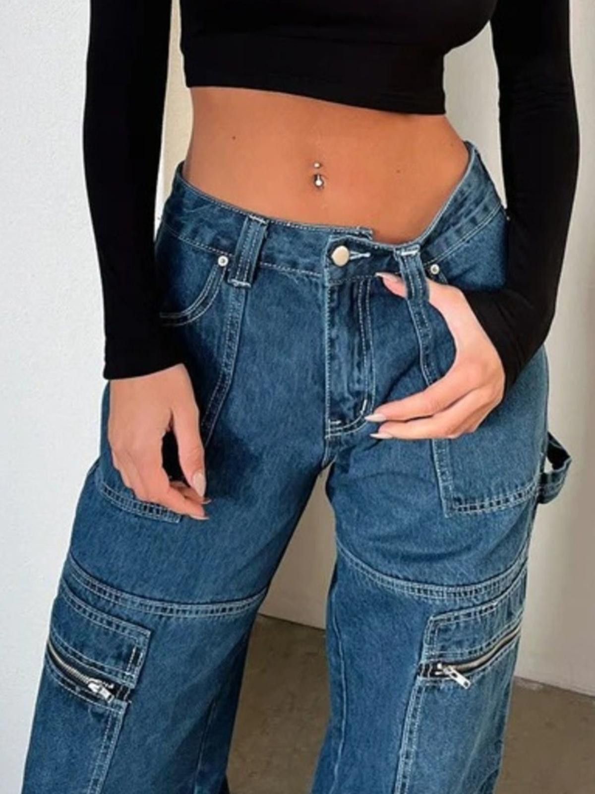 Other Wide Leg Dark Blue Denim Cargo Jeans Zipper Pockets S,M,L,XL Size 32" / US 10 / IT 46 - 2 Thumbnail