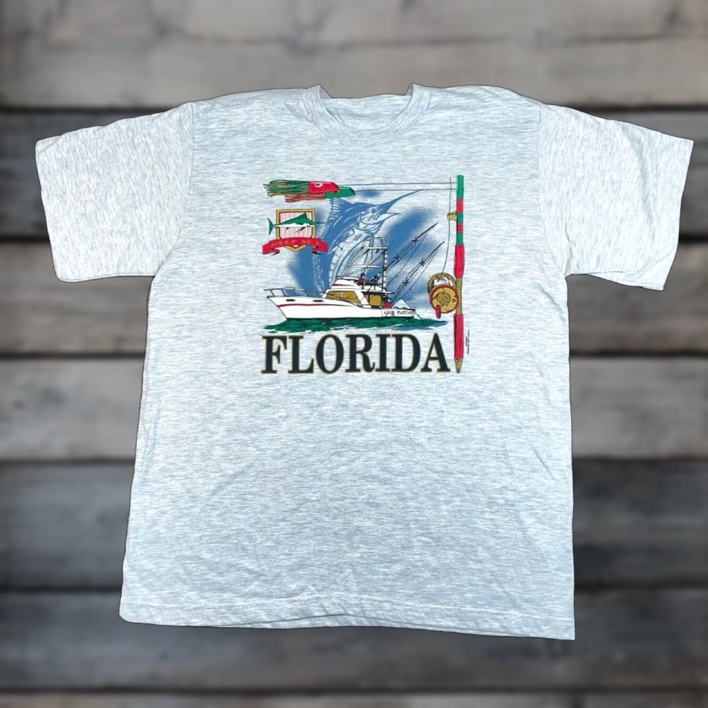 Nautica VINTAGE Florida Nautical Graphic T-Shirt Adult XL Gray 1999 90s Boat Fish Crew Neck Men Shirt Size US XL / EU 56 / 4 - 1 Thumbnail