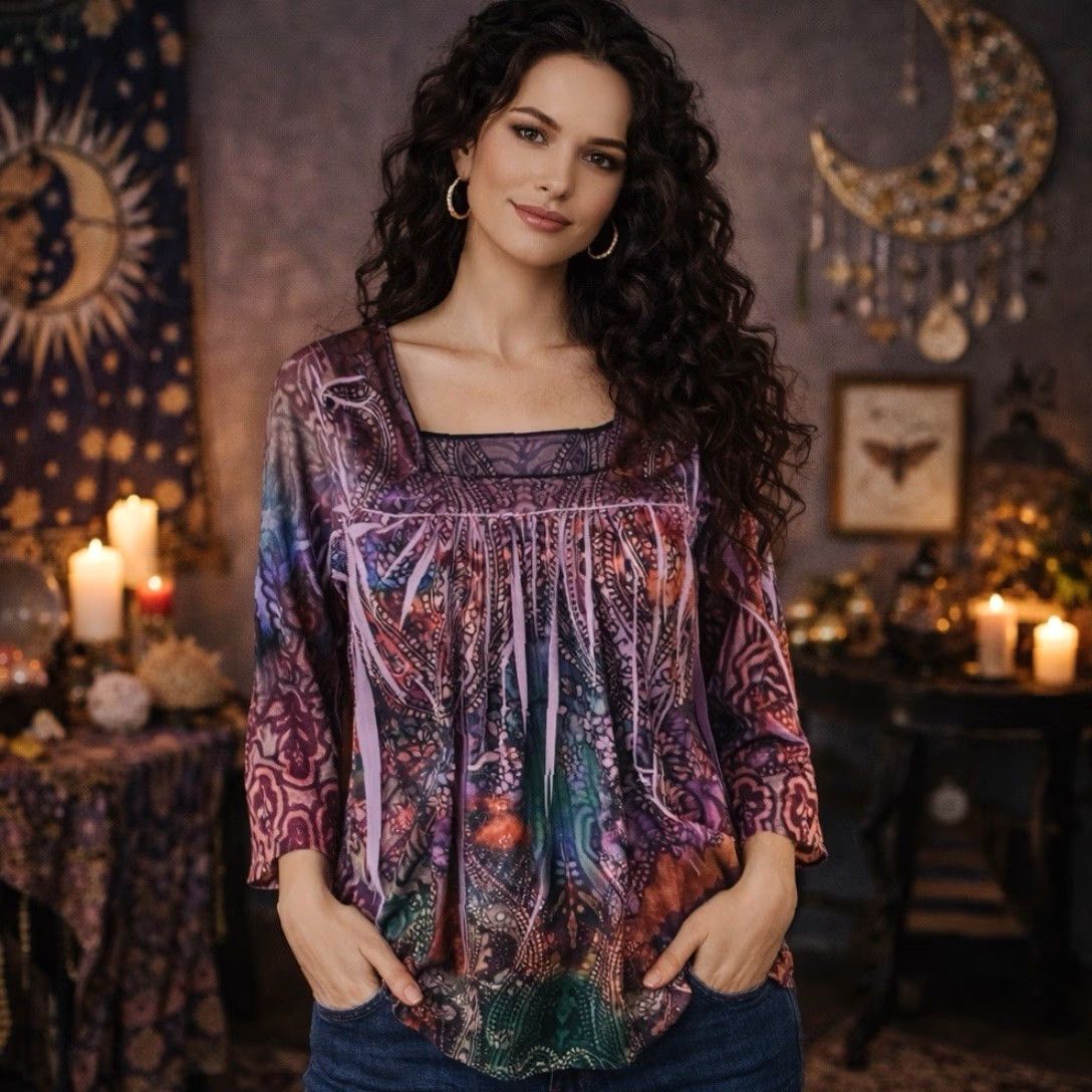 Vintage ENERGE by ONEWORLD Top Purple Boho 3/4 Sleeve V-Neck Knit Floral Embroidered Fairy Hippie Stretch M Womens Regular Size M / US 6-8 / IT 42-44 - 2 Thumbnail