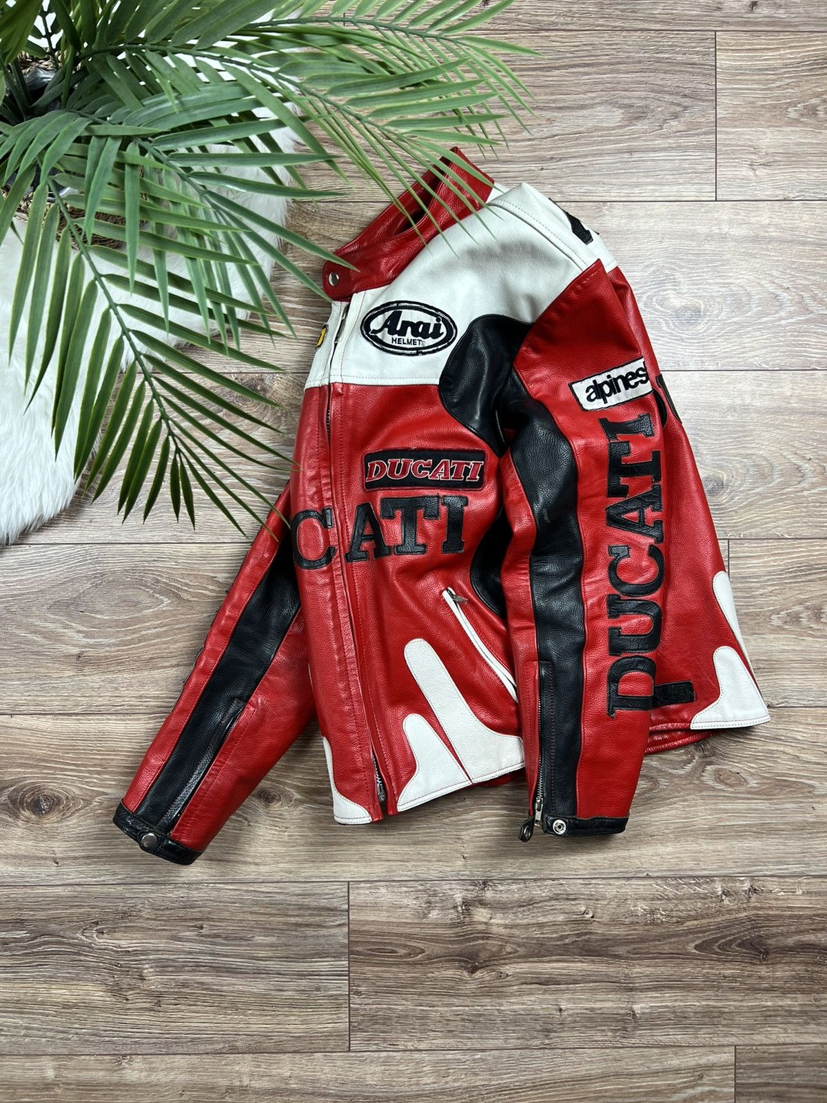 image of Ducati Vintage Big Logo Moto Racing Leather Jacket in Red, Men's (Size Medium)