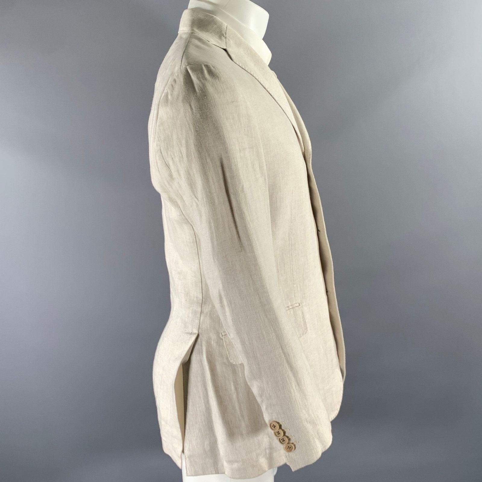 Salvatore Ferragamo SALVATORE FERRAGAMO Cream Herringbone Linen Sport Coat Size 38R - 3 Thumbnail