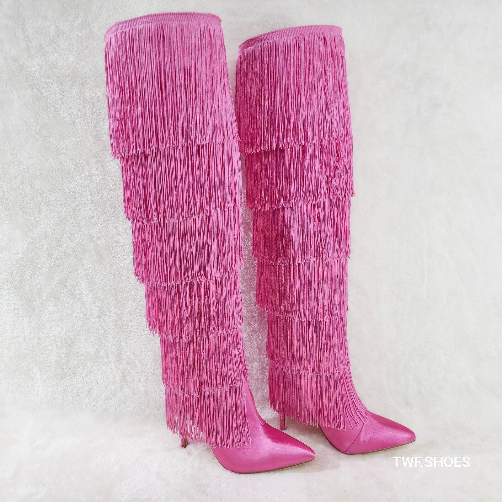 Other Gogo Fringed Thread Tassle OTK Thigh High Pink Satin High He Size US 10 / IT 40 - 4 Thumbnail