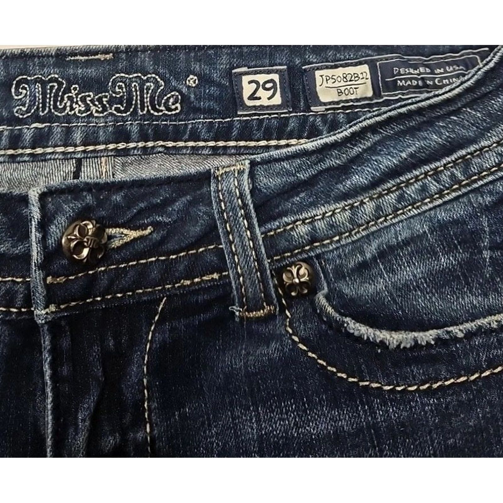 Miss Me Miss Me Jeans Womens 29 Bootcut Mid Rise Rhinestone Wing Pocket Blue 29 Regular Womens Jeans Size 29" - 7 Thumbnail
