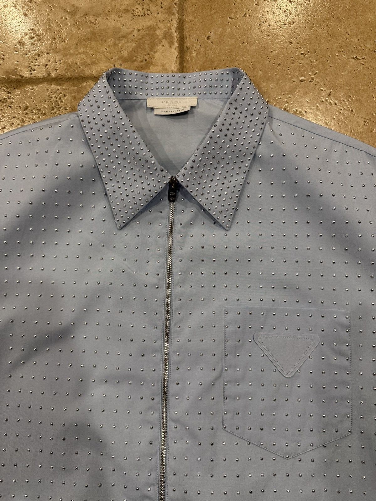 Prada Prada Light Blue Studded Embellished Zip Up Shirt Jacket Size US XL / EU 56 / 4 - 8 Thumbnail