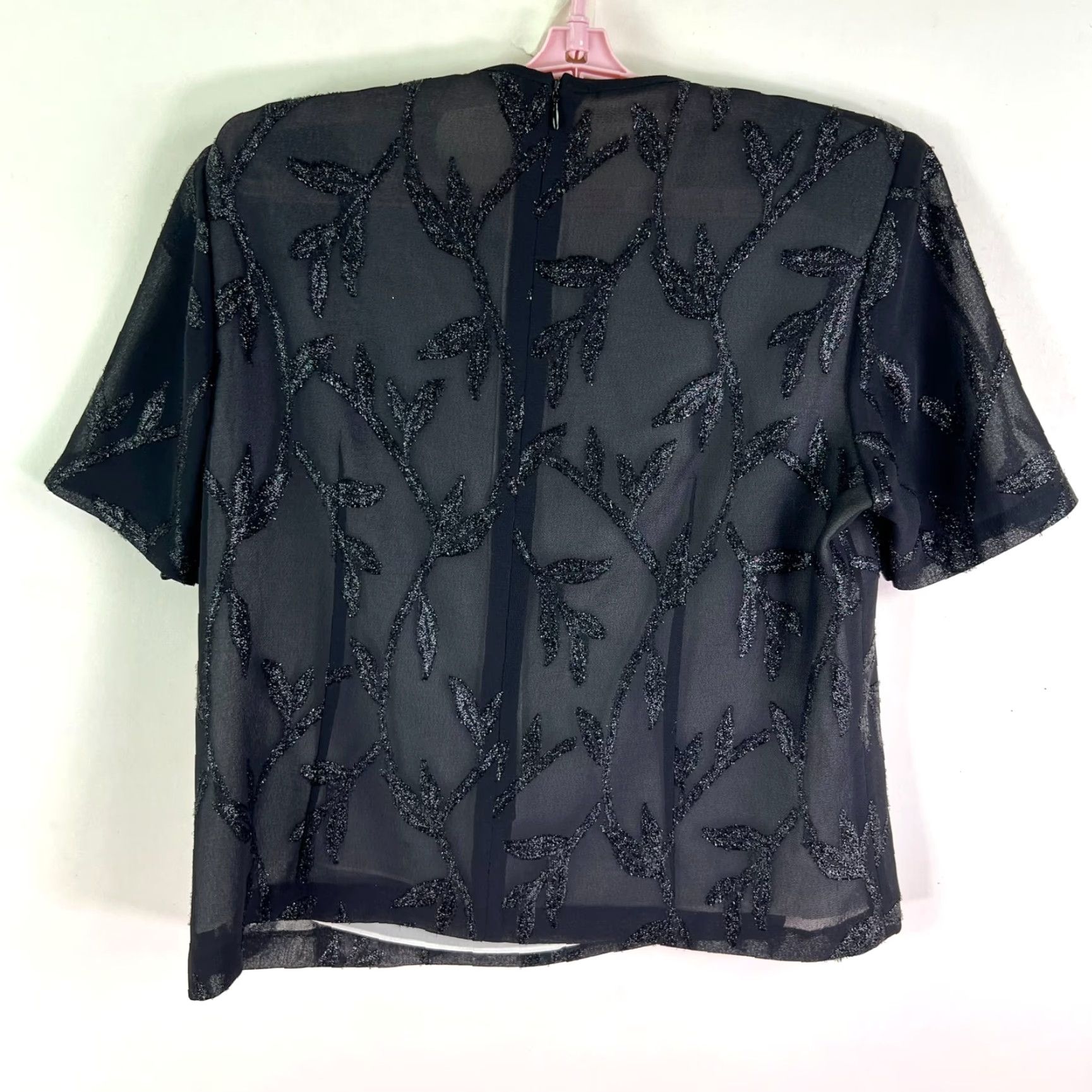 Vintage Vintage Black Floral Silk Sheer Top Womens M - M & M Blouse, Short Sleeve, Round Neck, Glitter Accents, Lightweight, Dry Clean Only Size M / US 6-8 / IT 42-44 - 7 Thumbnail