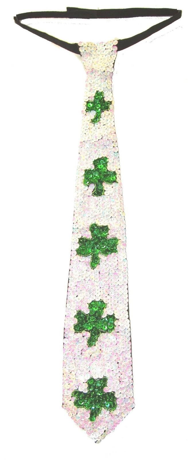 Designer Sequin Neck Tie OPAL WHITE w/SHAMROCK Adult Unisex Size ONE SIZE - 1 Preview