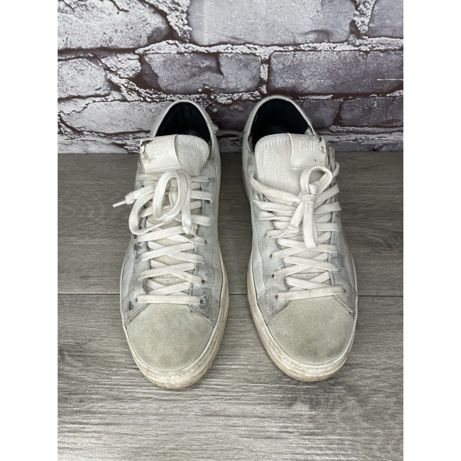 P448 P448 White Leather Gray Suede Silver Glitter Low Top Sneaker Size US 9.5 / IT 39.5 - 2 Thumbnail