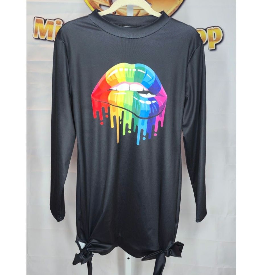 Other Black Long Sleeve Dress with Rainbow Lips Graphic XL Bow Hem Size XL / US 12-14 / IT 48-50 - 1 Thumbnail