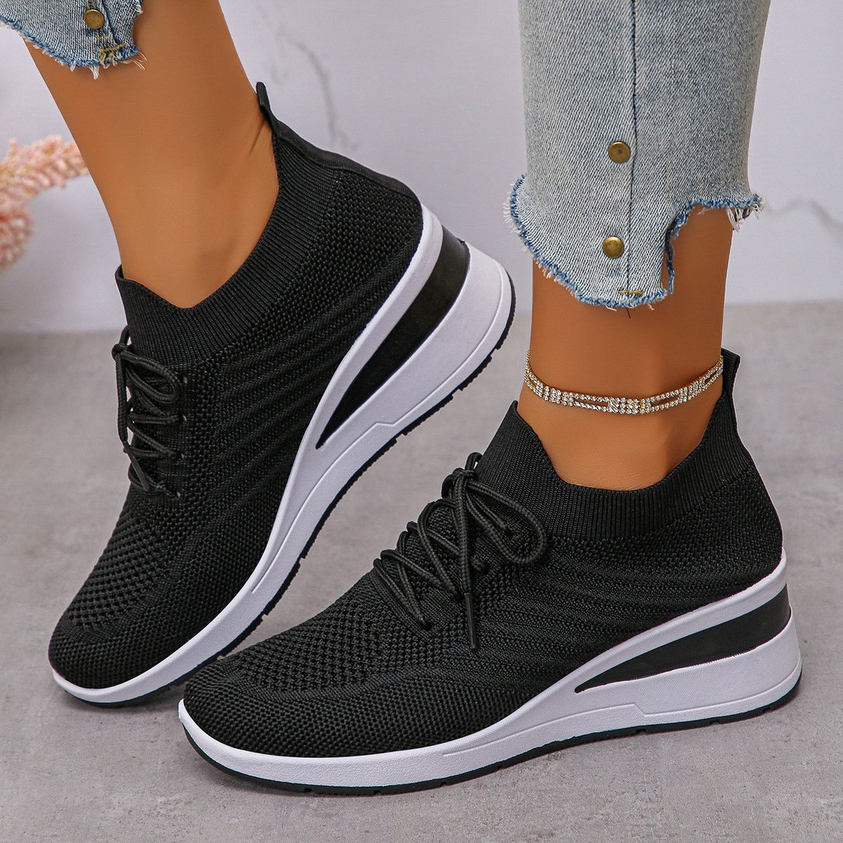 Other Trendy Treads Lace Up Wedge Athletic Shoes - Black - Size 9 Size US 9 / IT 39 - 3 Thumbnail