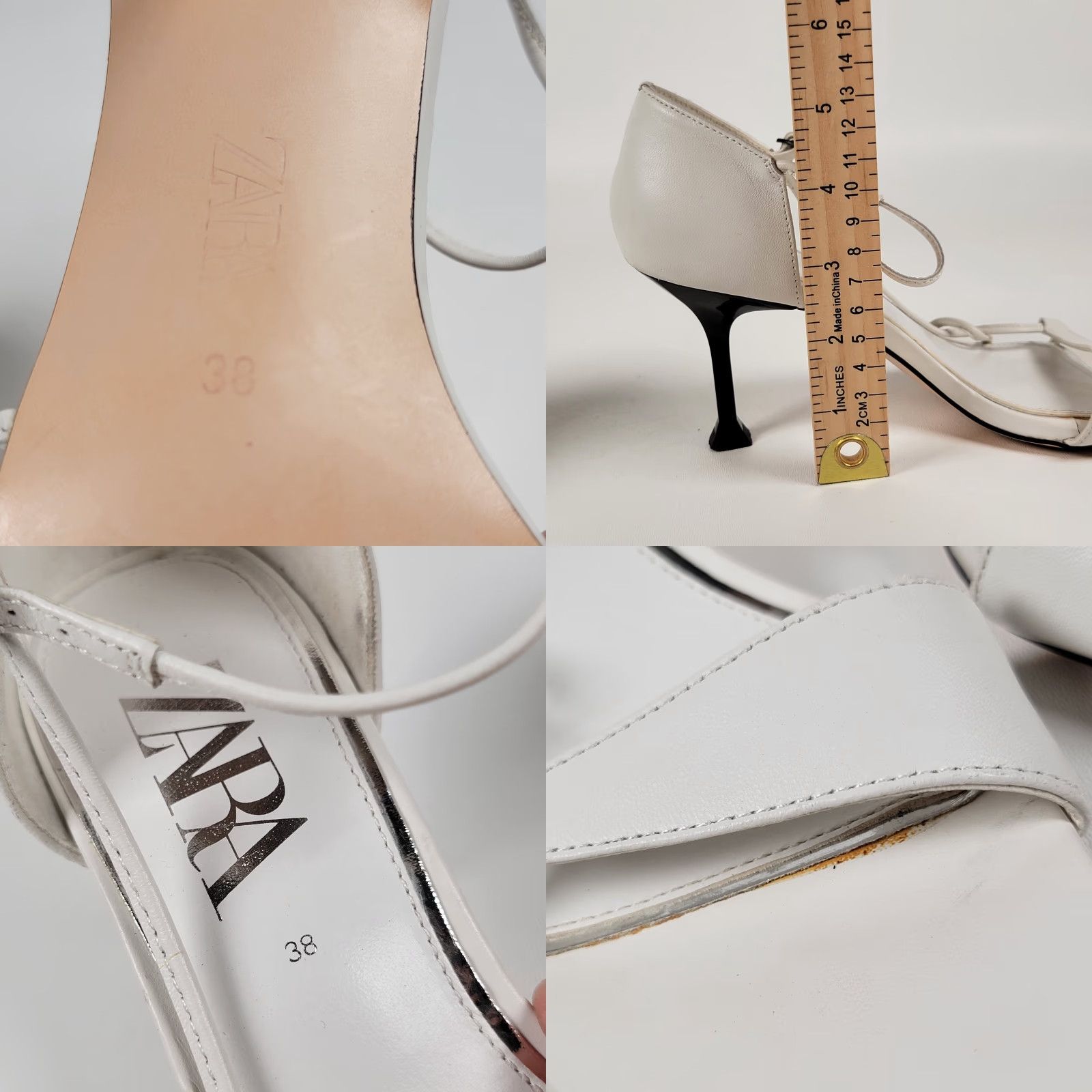 Zara ZARA Heeled Sandals White Leather Kitten Heel Buckle Closure Women US 7 EUR 38 1398/001 Wedding Party Casual Spring Summer Size US 7 / IT 37 - 8 Thumbnail