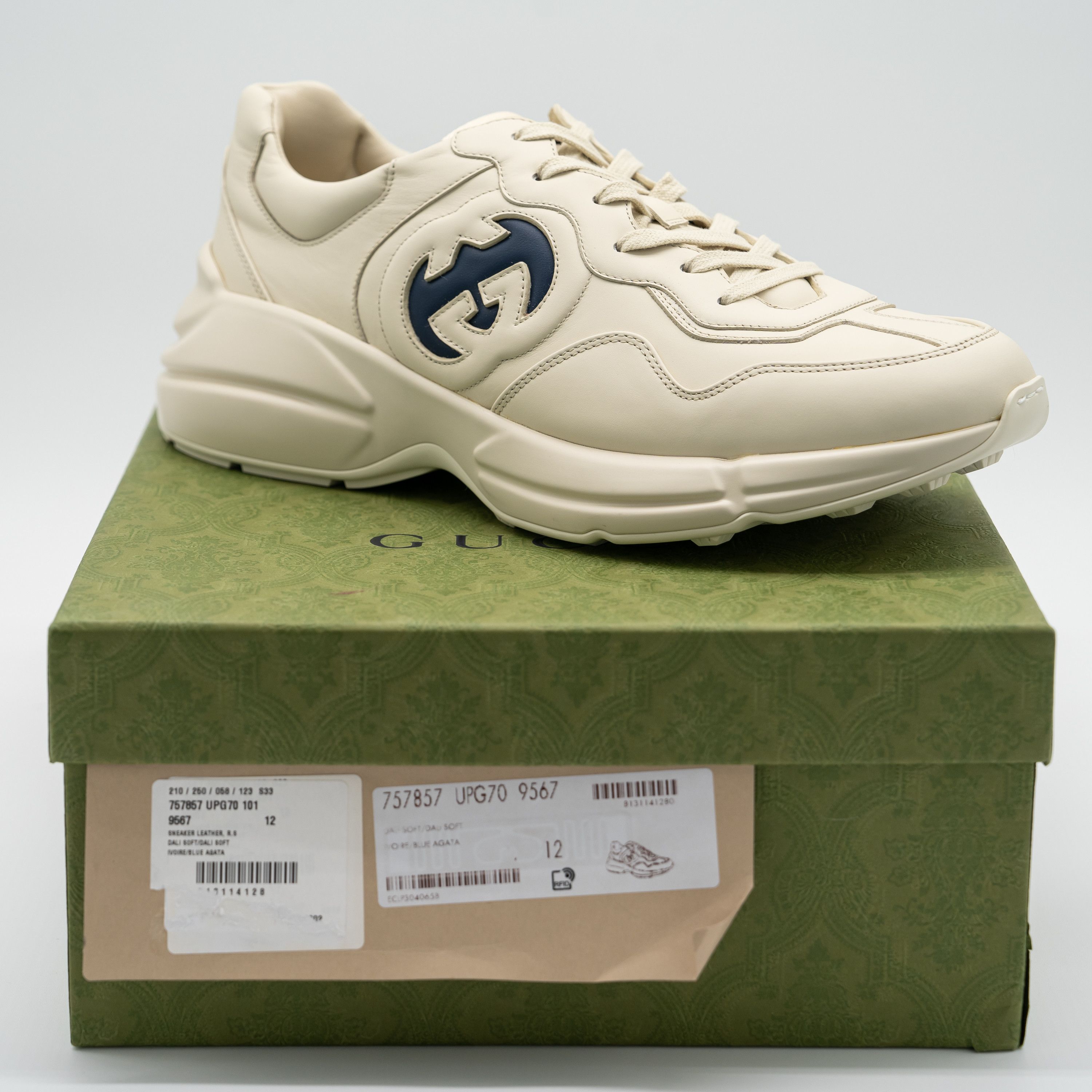Gucci Gucci Rhyton Ivory Blue GG Cut Out Logo Leather Sneakers Size US 12.5 / EU 45-46 - 13 Thumbnail