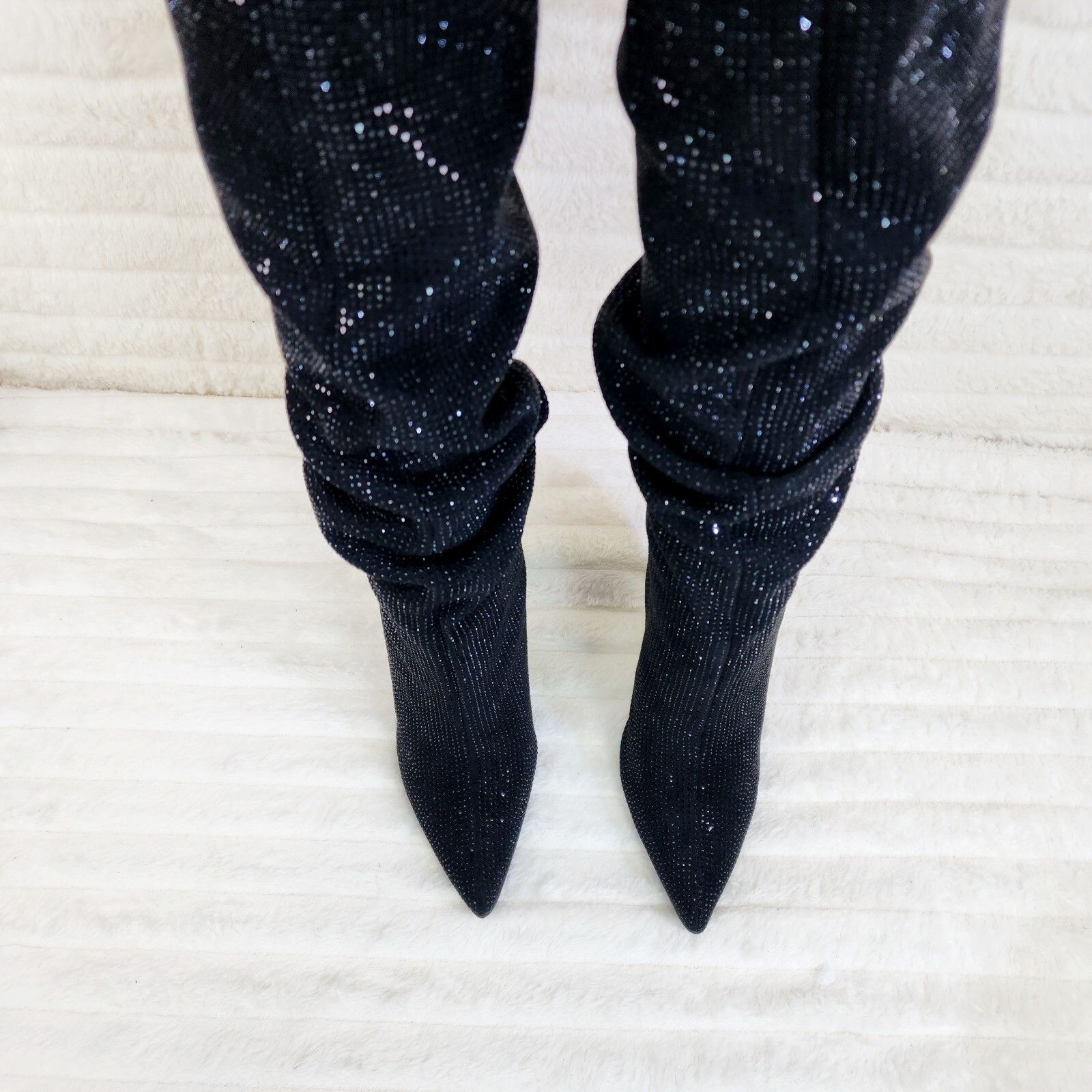 Other Radiant Black Rhinestone High Heel Stiletto Slouch Knee High Size US 10 / IT 40 - 5 Thumbnail
