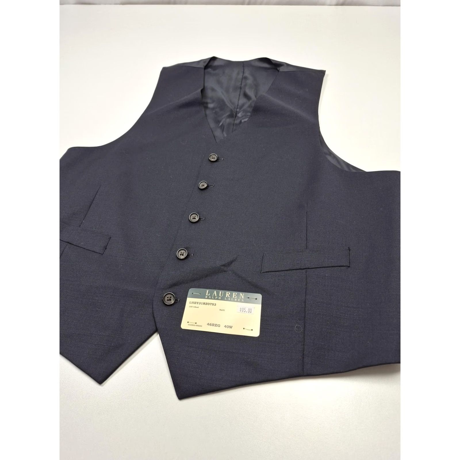 Ralph Lauren VINTAGE? No. Lauren Ralph Lauren Suit Vest Mens 46 Blue 100% Wool 5 Button Belted NWT Size 46R - 2 Thumbnail