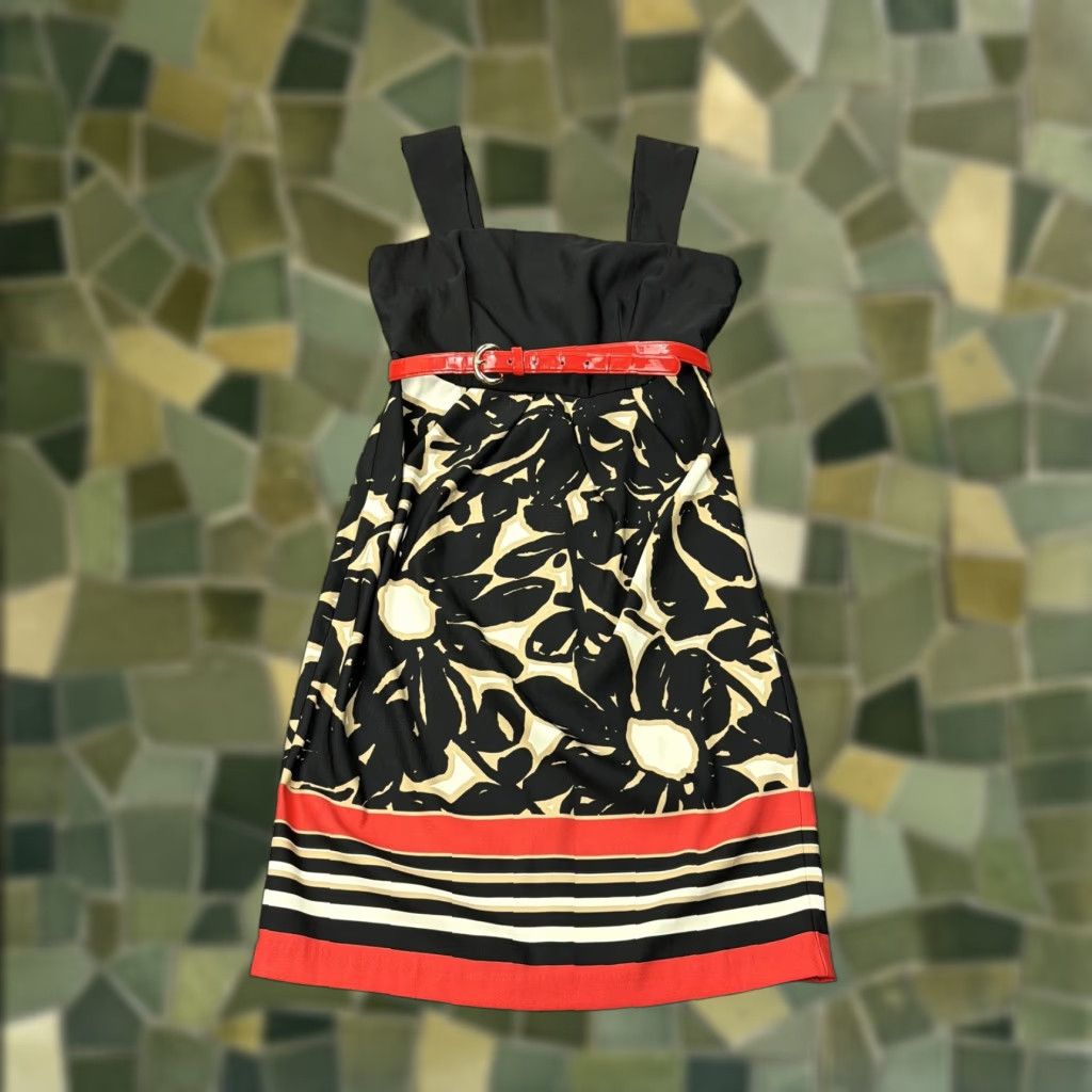 Vintage London Times Dress Womens 8 Black Floral Square Neck Fit Flare Knee Belted Sleeveless Zipper Party/Cocktail Spring Summer Womens Size M / US 6-8 / IT 42-44 - 1 Thumbnail