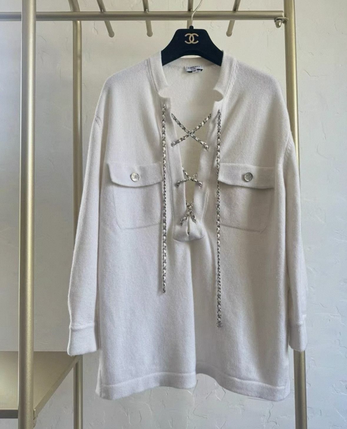 Chanel White Cashmere Top with Chain Detail