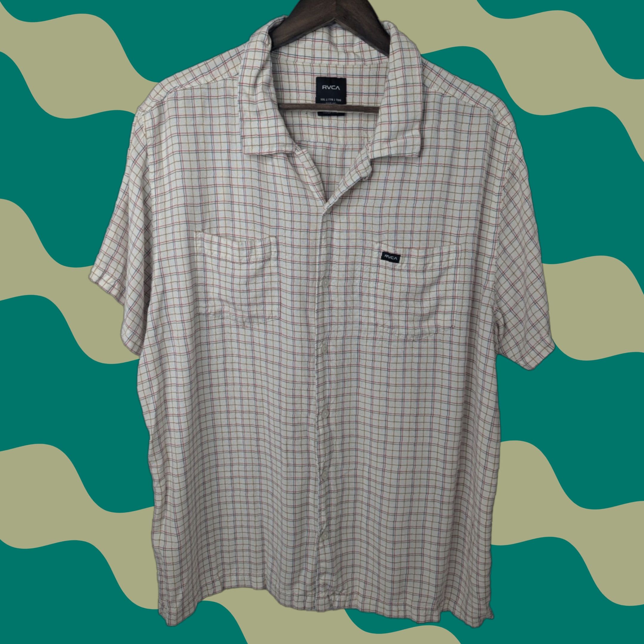 RVCA RVCA Plaid Shirt Men's 2XL Short Sleeve Casual Button-Up Beach Collared Pocket Ivory Size US XXL / EU 58 / 5 - 1 Thumbnail
