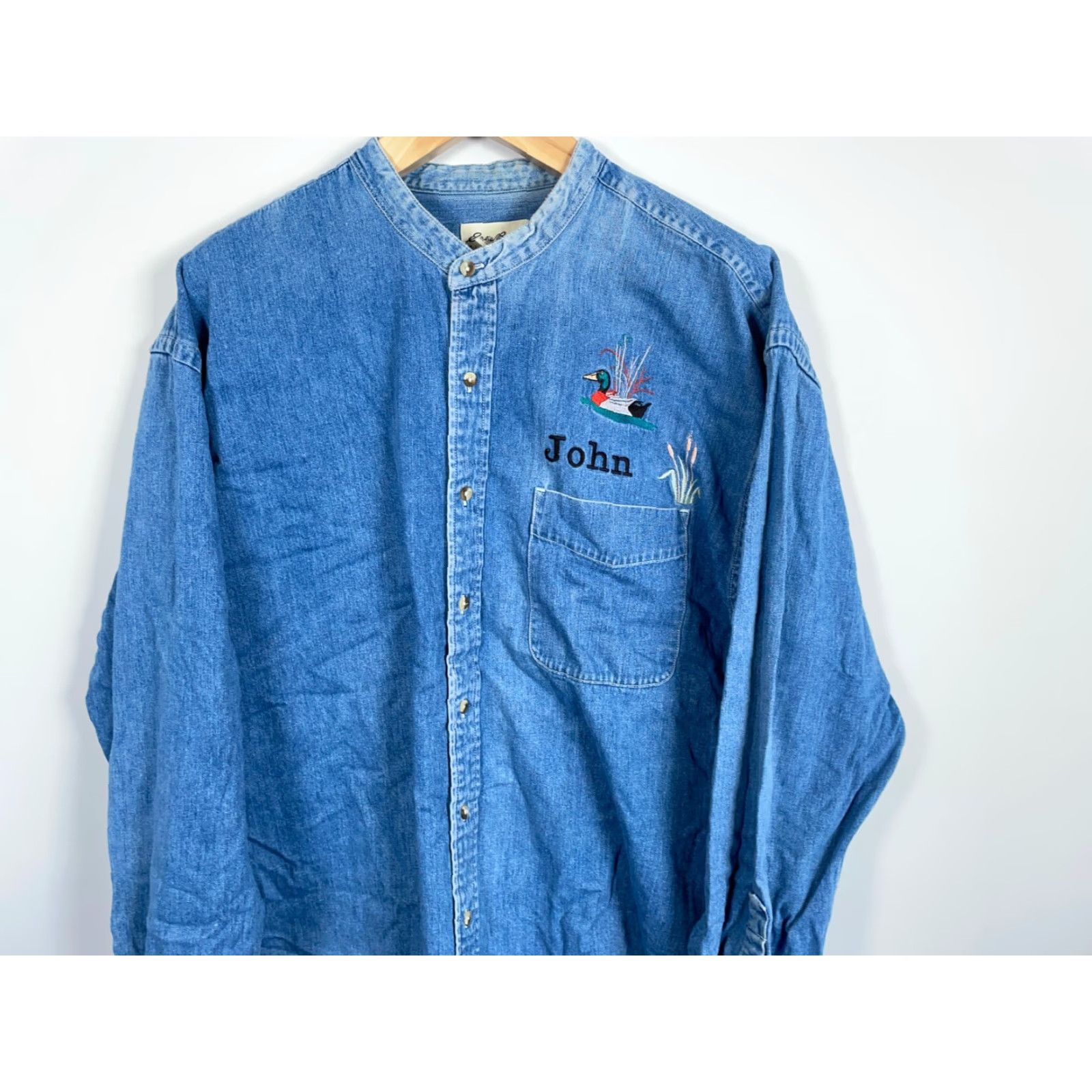 Eddie Bauer VINTAGE Eddie Bauer Denim Shirt Men's 2XL Blue Duck Embroidery Band Collar Y2K Nature Size US XXL / EU 58 / 5 - 4 Thumbnail