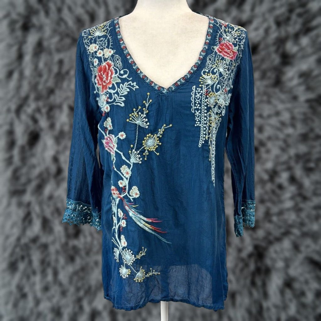 Johnny Was Johnny Was Embroidered Floral Tunic Top Teal 3/4 Sleeve Small Boho Womens Size S / US 4 / IT 40 - 1 Thumbnail