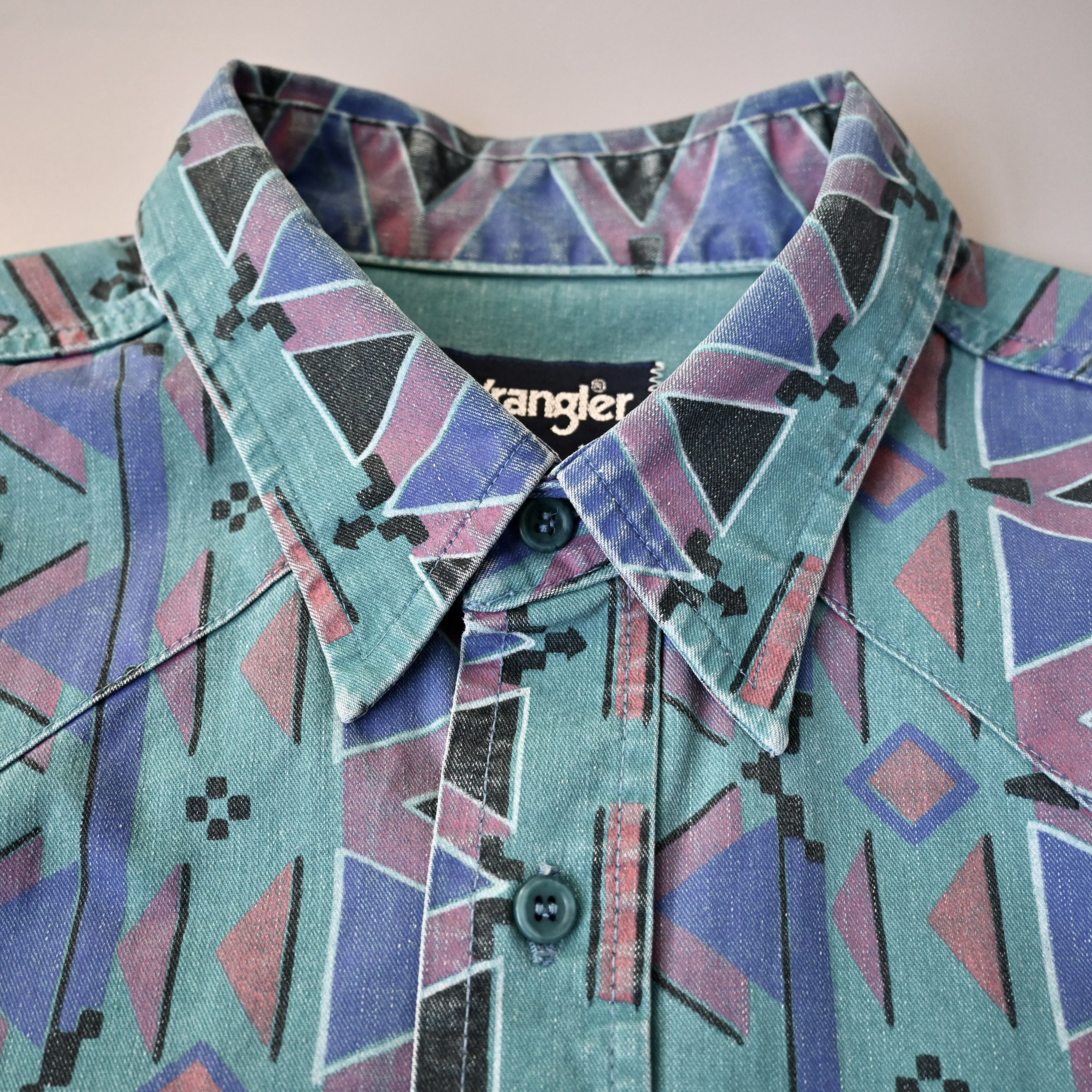Vintage VTG 90s Wrangler Brushpopper shirt Aztec Navajo teal 17.5-35 Size US XL / EU 56 / 4 - 6 Thumbnail