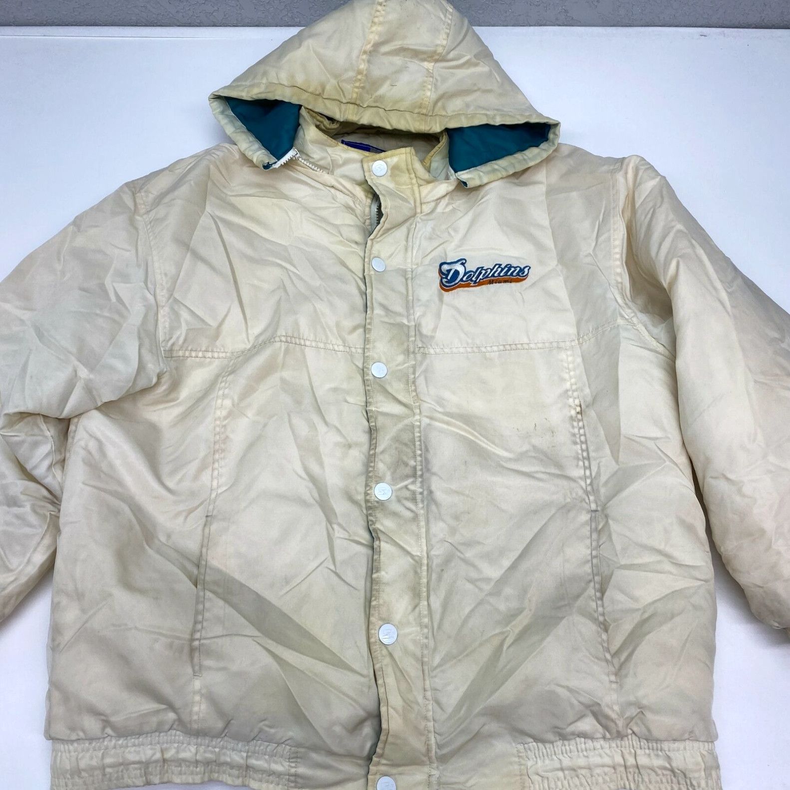 image of Vintage Starter Miami Dolphins Coat Men's Large Long Sleeve Tan Snap Zip Nylon in White