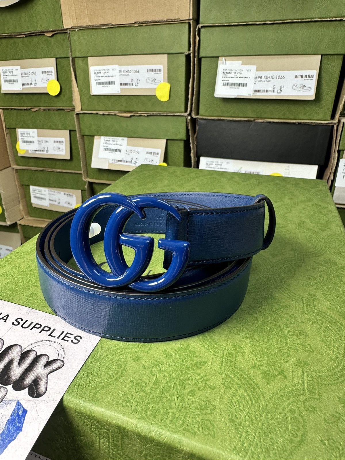 Pre-owned Gucci Gg Marmont Thin Belt -blue -120' In Multi