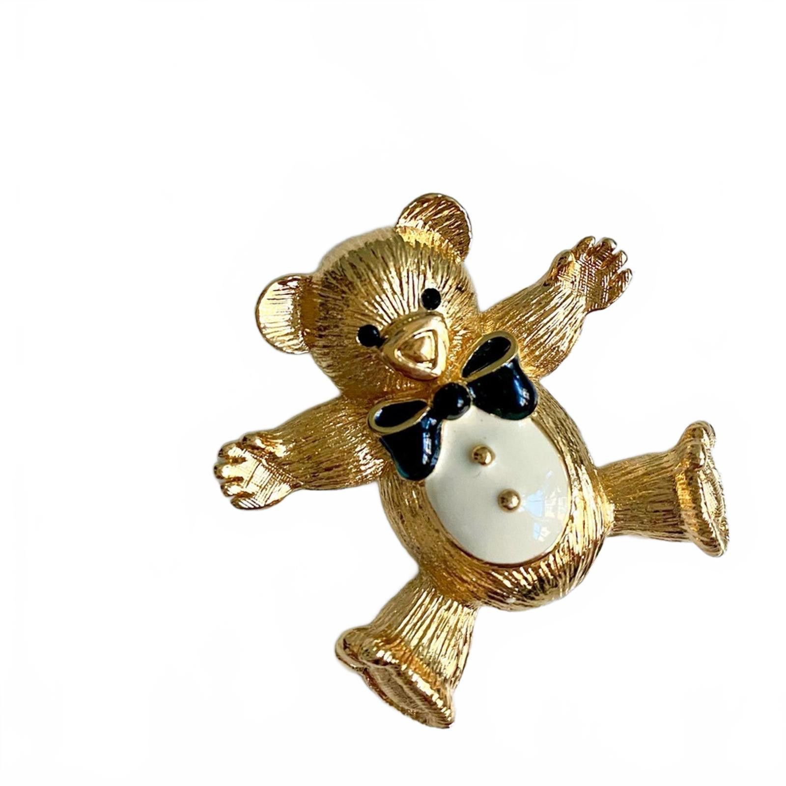 St. John VTG St. John 24K Gold Teddy Bear Brooch Black Enamel Bow Size ONE SIZE - 5 Thumbnail