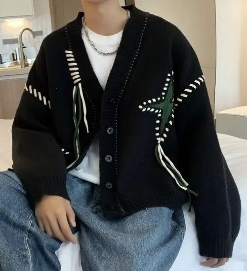 Japanese Brand Harada x Egawa Black y2k star cardigan knitwear Size US XL / EU 56 / 4 - 4 Thumbnail