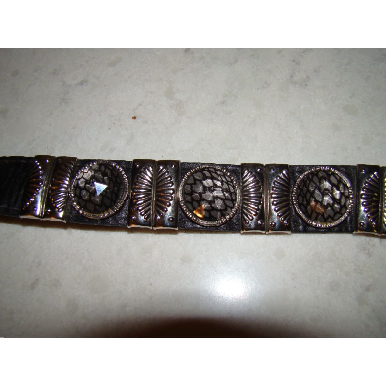 Vintage VINTAGE LEATHEROCK Belt 80s Leather Womens Medium 30-32 Black Snakeskin Gems Bling Adjustable Silvertone Buckle Womens Fashion Size ONE SIZE - 4 Thumbnail